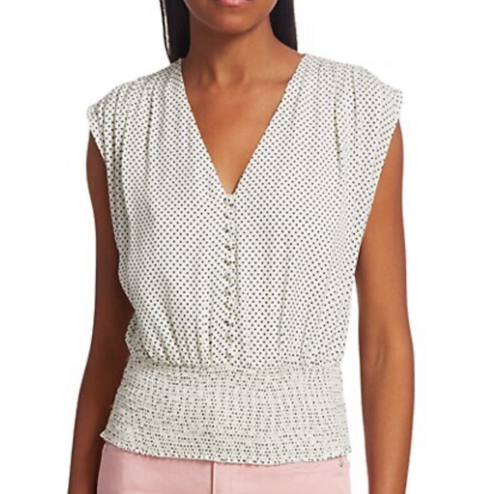 Alice + Olivia White Polka Dot V-Neck Blouse
